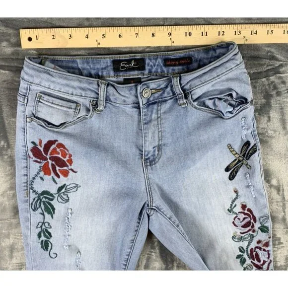 Earl Jean Women's Size 8 Embroidered Floral Butterfly Dragonfly Skinny Jeans - Picture 9 of 11